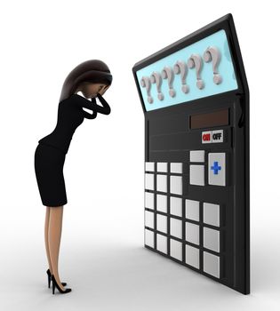 3d woman in tension while looking at question mark on calculator lcd concept on white background, side angle view