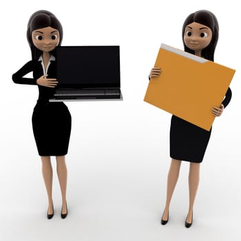 3d woman pointin at laptop and holding file concept on white background,  front angle view