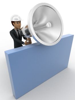 3d man with big silver speaker and hide behind wall concept on white background, side angle view