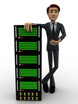 3d man with big server concept on white background,  front angle view