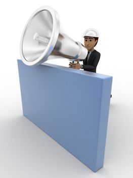 3d man with big silver speaker and hide behind wall concept on white background, side angle view