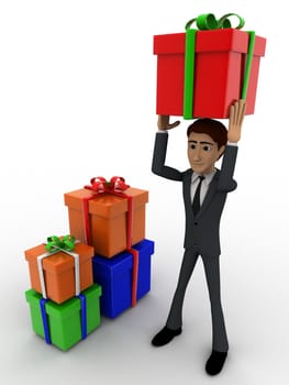 3d man holding gift on head and with many other gifts concept on white background, right side angle view