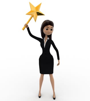 3d woman with magical star stick concept on white background, front angle view