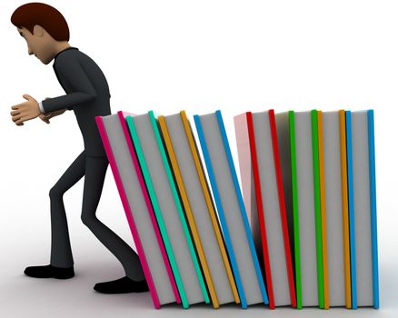 3d man supporting falling books concept on white background,  side angle view