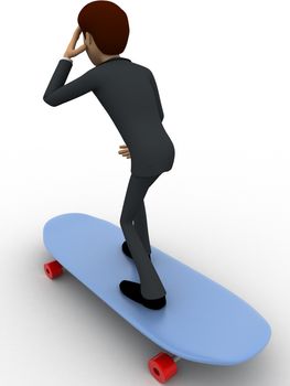 3d man skating on skateboard concept on white background, back  angle view