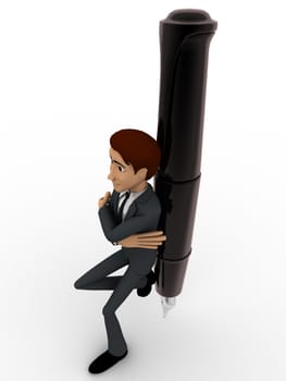 3d man leaning on pen concept on white background, top angle view