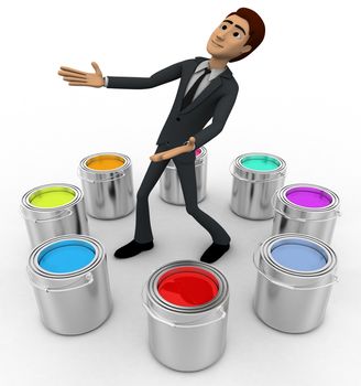 3d man with many eight colour buckets concept on white background, side angle view