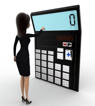 3d woman with calculator to calculate accounts concept on white background, side angle view