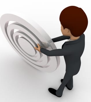 3d man rolling white target board concept on white background, back top angle view