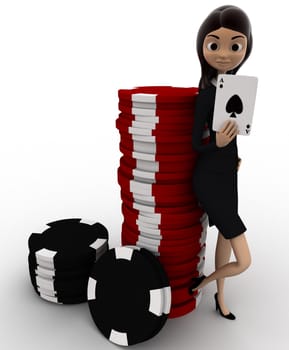 3d woman with casino coin and playing card concept on white background, side angle view