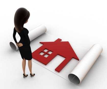 3d woman with house plan on paper scroll concept on white background, back angle view