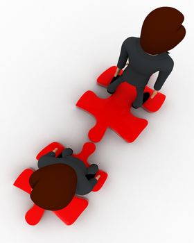 3d two men stand on red puzzle piece on opposite side concept on white background, top angle view