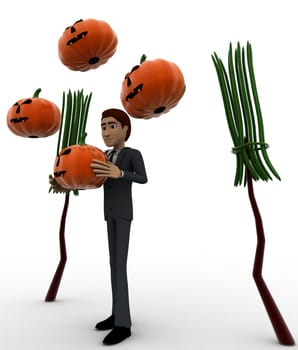 3d man with bloomstick and halloween pumpkin concept on white background,  side angle view