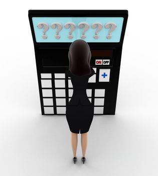 3d woman in tension while looking at question mark on calculator lcd concept on white background, front angle view