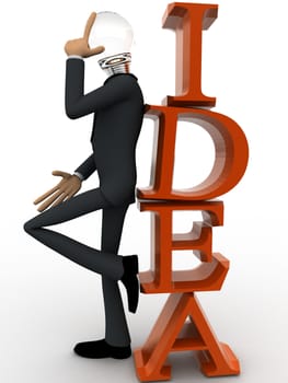 3d man with head of bulb and thinking for idea concept on white background, front angle view 