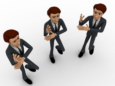 3d three men dancing in rythem concept on white background, top angle view