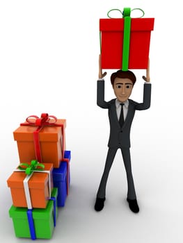 3d man holding gift on head and with many other gifts concept on white background, front  angle view