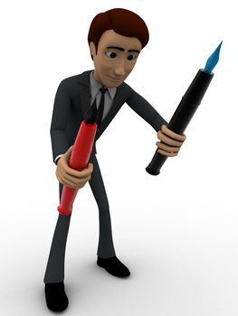 3d man can not choose from black and red pen concept on white background, front  angle view