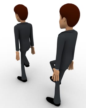 3d man following action of another man concept on white background, back angle view