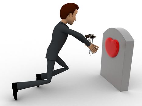 3d man putting flower on grave stone of his love concept on white background,side angle view