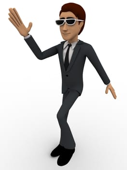 3d man showing style with glasses concept on white background, right side angle view