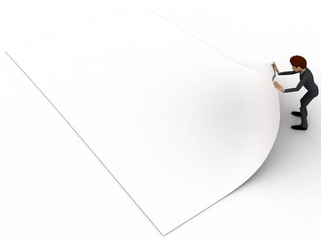 3d man folding paper concept on white background, side angle view