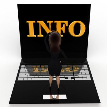 3d woman confused with info on laptop concept on white background, top angle view