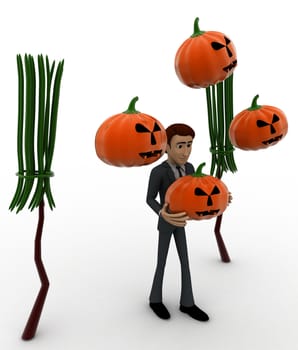 3d man with bloomstick and halloween pumpkin concept on white background, side angle view