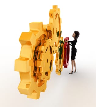 3d woman with red and golden gear wheels concept on white background, right side angle view