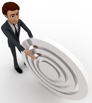 3d man rolling white target board concept on white background, top angle view