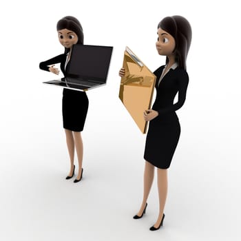 3d woman pointin at laptop and holding file concept on white background, side angle view