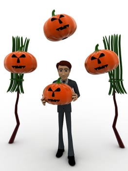 3d man with bloomstick and halloween pumpkin concept on white background, front  angle view