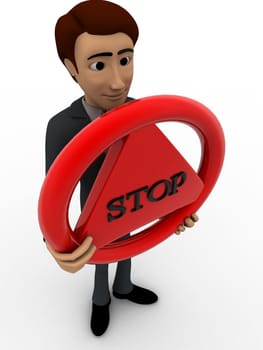 3d man holding stop sign board concept on white background, top angle view