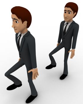 3d man following action of another man concept on white background,  side angle view