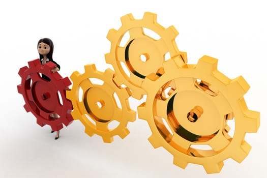 3d woman with red and golden gear wheels concept , side angle view 