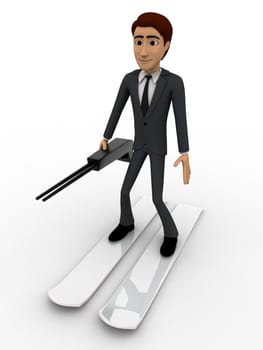 3d man with ski board for sking concept on white background, front angle view