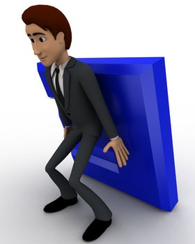 3d man supporting E letter from falling down concept on white background, side  angle view
