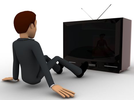 3d man watching old antenna television concept on white background, backangle view