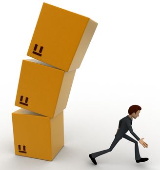 3d man running from falling cube building concept on white background, side angle view