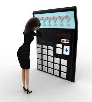 3d woman in tension while looking at question mark on calculator lcd concept on white background, side angle view