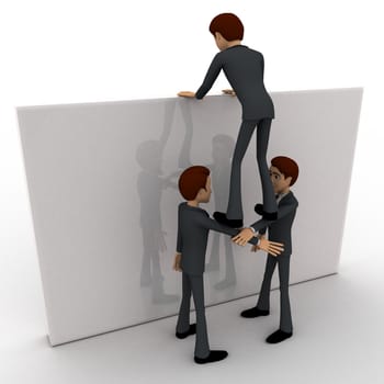 3d two men help another man to climb up wall concept on white background, side angle view