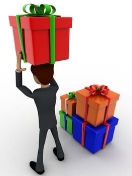 3d man holding gift on head and with many other gifts concept on white background, back angle view