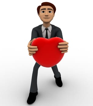 3d man offering heart on knee concept on white background, front angle view