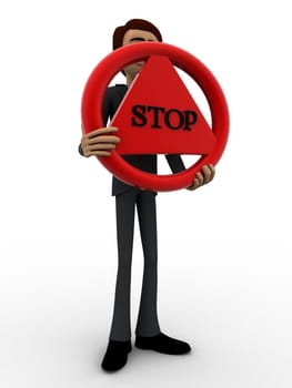 3d man holding stop sign board concept on white background, side angle view