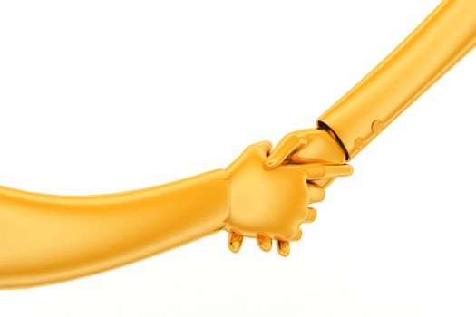 3d golden hands for handshake concept on white background, side angle view