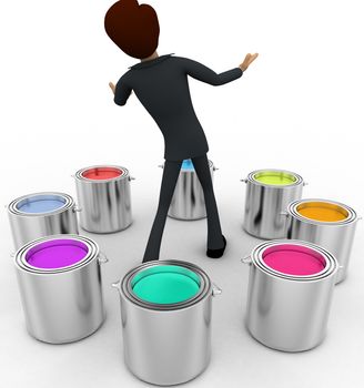 3d man with many eight colour buckets concept on white background, back angle view