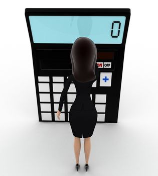 3d woman with calculator to calculate accounts concept on white background, top angle view