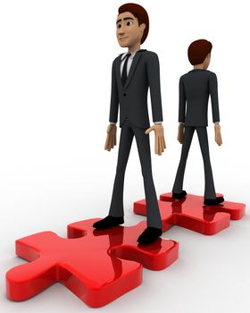 3d two men stand on red puzzle piece on opposite side concept on white background, right side angle view