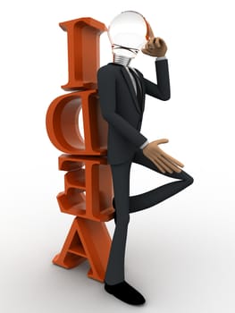 3d man with head of bulb and thinking for idea concept on white background, front angle view 