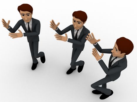 3d three men dancing in rythem concept on white background, top  angle view